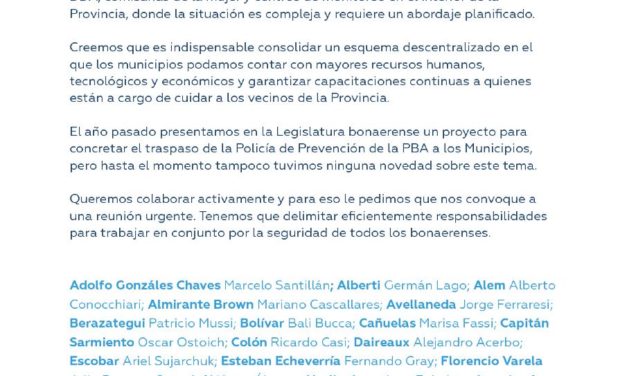 CARTA A VIDAL, INTENDENTES PERONISTAS PREOCUPADOS POR LA INSEGURIDAD