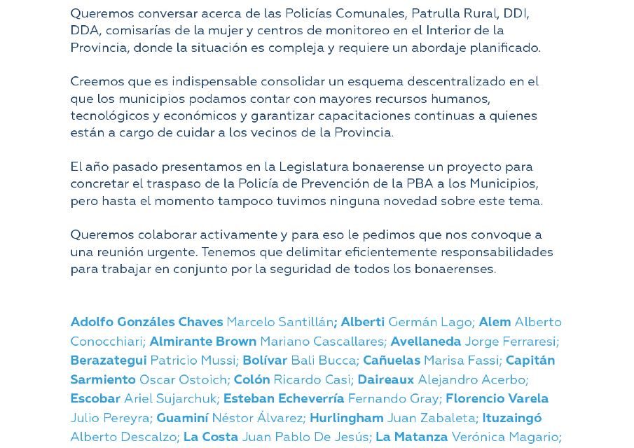 CARTA A VIDAL, INTENDENTES PERONISTAS PREOCUPADOS POR LA INSEGURIDAD